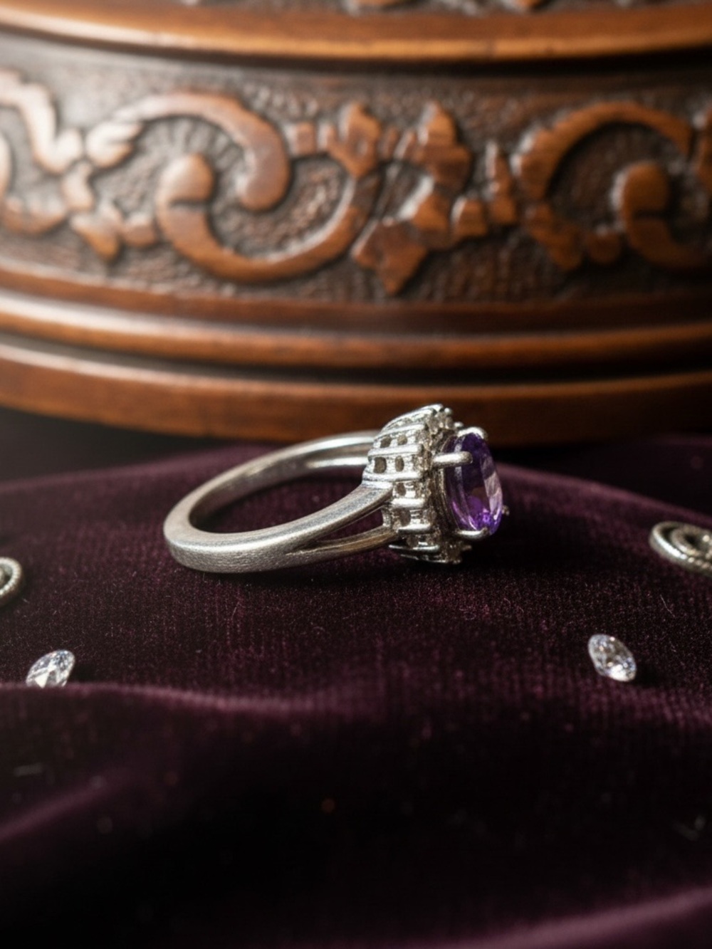 Sterling Halo Ring with Purple Amethyst Center - Picture 7 of 8